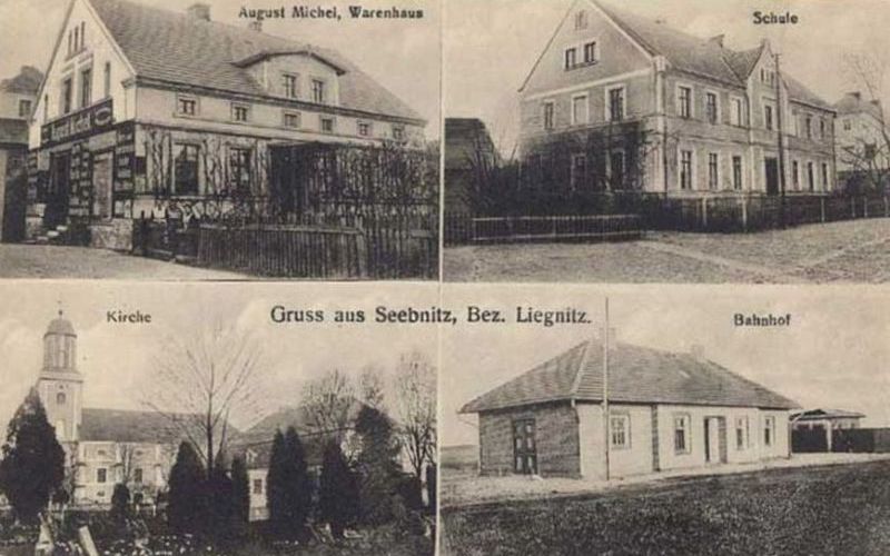 Seebnitz: August Michel Warenhaus, Schule, Kirche und Pfarrhaus, Bahnhof der Kleinbahnstrecke Lüben-Kotzenau