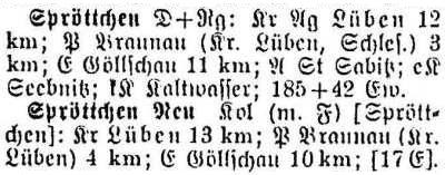 Spröttchen und Neu Spröttchen in: Alphabetisches Verzeichnis sämtlicher Ortschaften der Provinz Schlesien 1913