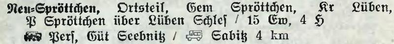 Neu Spröttchen in: Alphabetisches Verzeichnis der Stadt- und Landgemeinden im Gau Niederschlesien 1939
