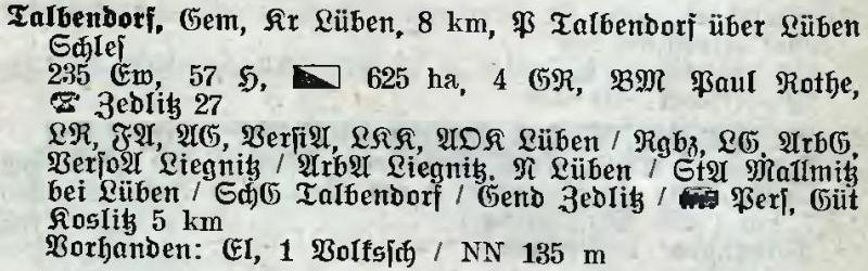 Talbendorf in: Alphabetisches Verzeichnis der Stadt- und Landgemeinden im Gau Niederschlesien 1939