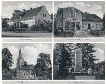 Evangelische Schule, Warenhandlung Weiss, <br>Evangelische Kirche, Kriegerdenkmal