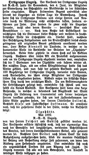 Aus der Zeitschrift 'Der Wanderer im Riesengebirge' 7/1892 über die Einweihung der Olgahütte