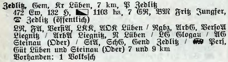 Zedlitz in: Alphabetisches Verzeichnis der Stadt- und Landgemeinden im Gau Niederschlesien 1939
