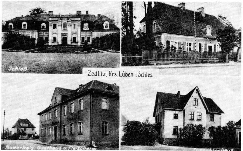 Zedlitz: Schloss, Schlösschen, Boderke's Gasthaus und Fleischerei, Inspektorhaus
