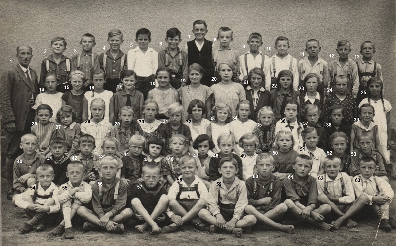 Volksschule Ziebendorf mit Lehrer Rudolf Schnabel im Jahr 1933