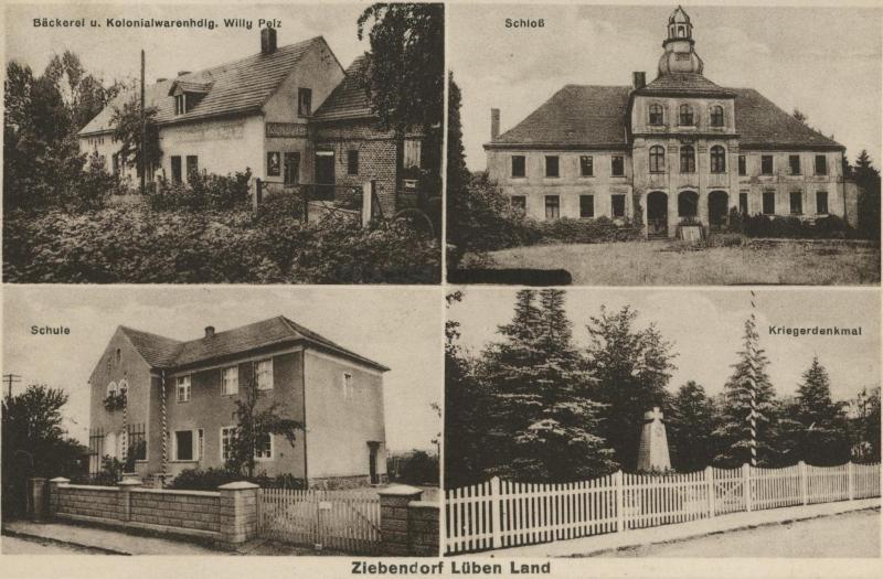 Bäckerei und Kolonialwarenhandlung Willy Pelz, Schloss, Schule, Kriegerdenkmal